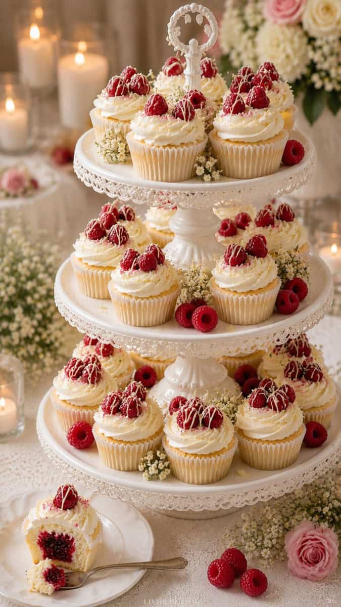 Elegant raspberry-filled wedding cupcakes displayed on a layered white cake stand, topped with smooth white frosting, fresh raspberries, and white chocolate drizzle