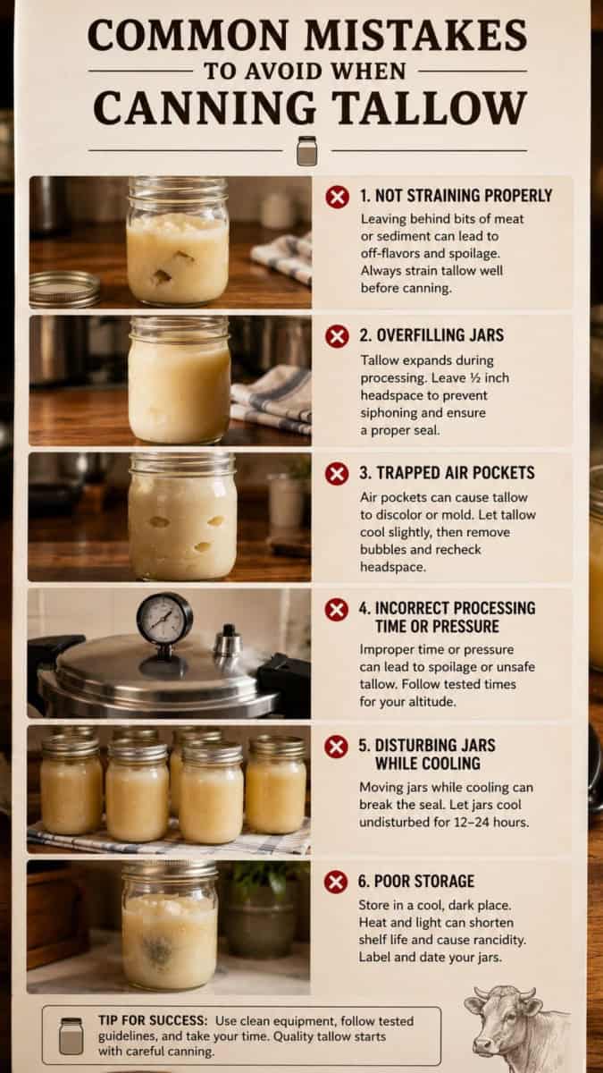 canning beef tallow, including improper straining, overfilling jars, trapped air pockets, incorrect pressure canning times, disturbing jars while cooling, and poor storage practices