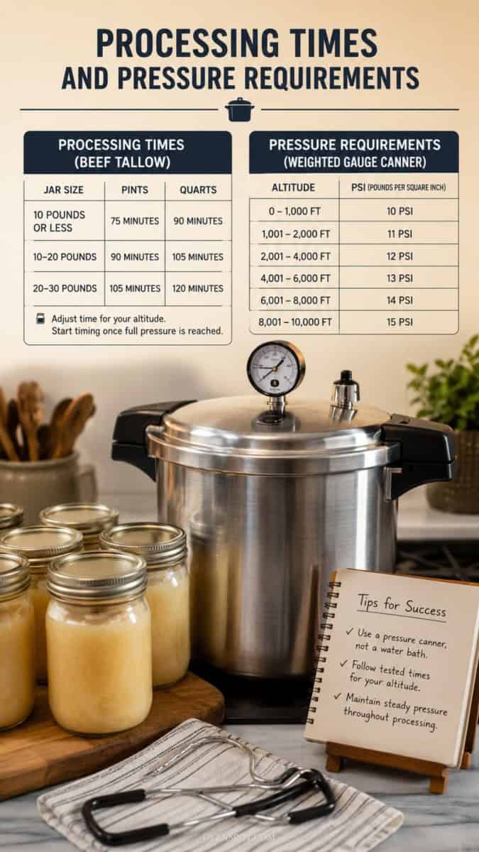 pressure canners, mason jars filled with rendered beef tallow, canning tools, and a handwritten card with beef tallow processing times and pressure canning requirements