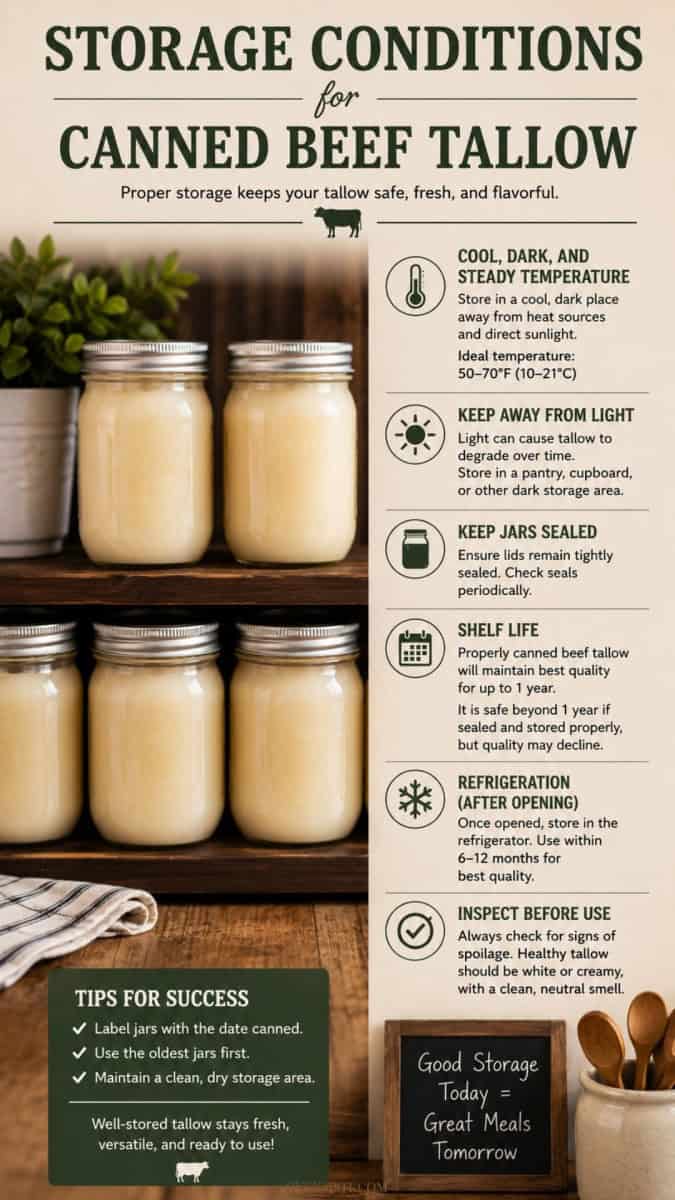 storage conditions for canned beef tallow, including cool dark storage, sealed jars, shelf life guidance, refrigeration after opening, and spoilage inspection tips