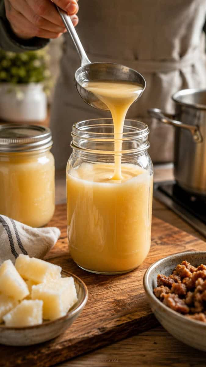 creamy rendered beef tallow being poured from a metal ladle into a mason jar
