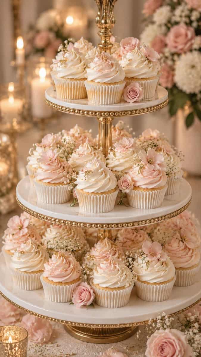 Romantic blush wedding cake cupcakes displayed on an elegant white tiered cake stand, decorated with soft blush buttercream swirls, edible gold leaf, pale pink flowers, and champagne-colored sprinkles