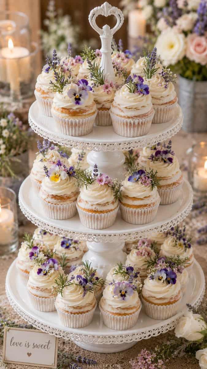 Rustic floral wedding cupcakes displayed on a layered white cake stand with semi-naked frosting swirls, edible flowers, rosemary sprigs, and lavender stems