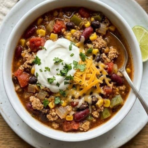 Close-up of thick turkey chili with beans and corn topped with sour cream and cheddar in a white bowl.