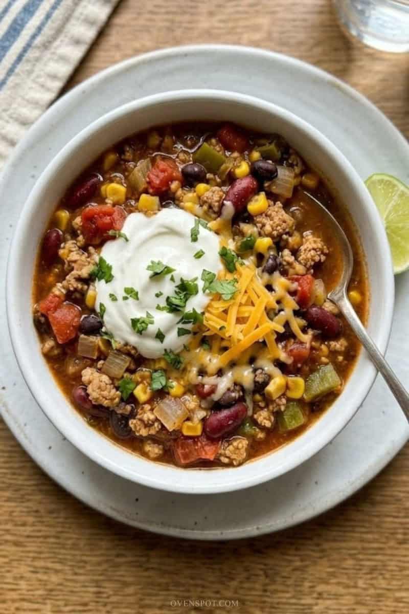 Close-up of thick turkey chili with beans and corn topped with sour cream and cheddar in a white bowl.