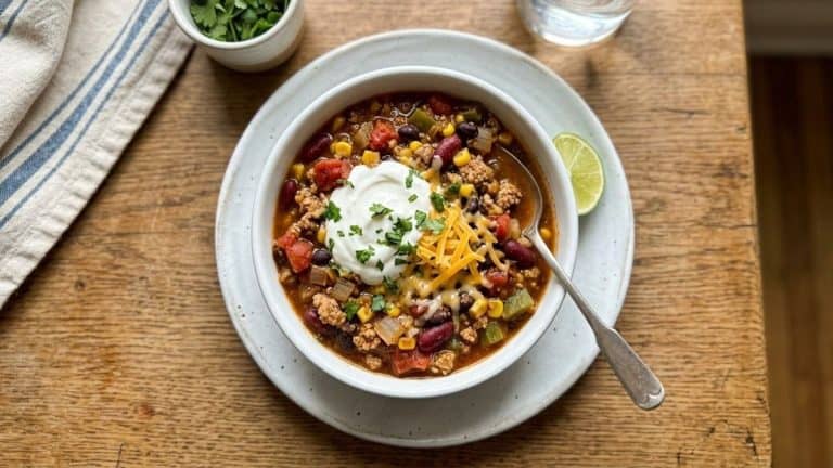Close-up of thick turkey chili with beans and corn topped with sour cream and cheddar in a white bowl.