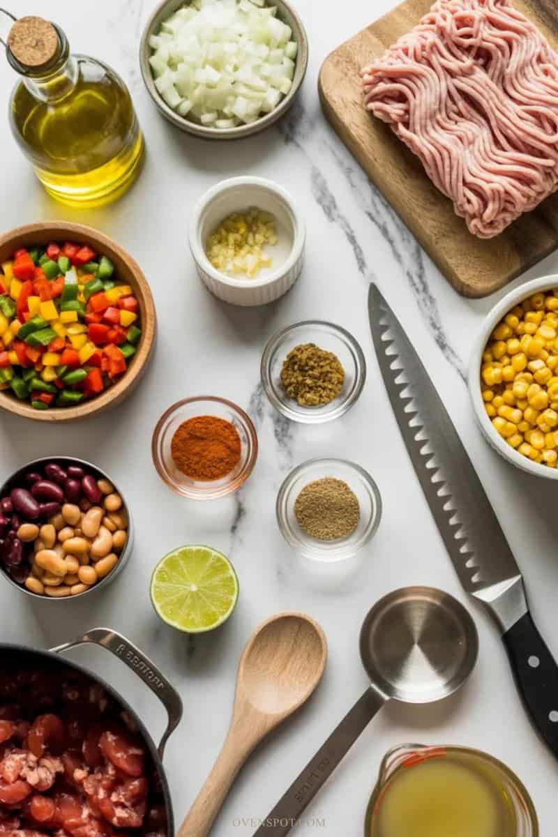 Turkey chili ingredients and tools arranged on a white marble counter