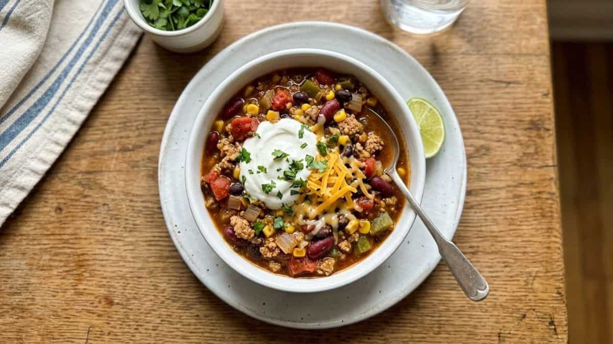Close-up of thick turkey chili with beans and corn topped with sour cream and cheddar in a white bowl.