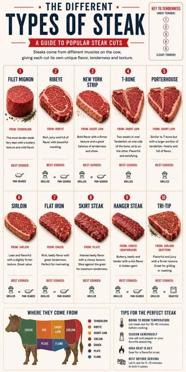 10 popular types of steak cuts, including filet mignon, ribeye, New York strip, T-bone, porterhouse, sirloin, flat iron, skirt steak, hanger steak, and tri-tip