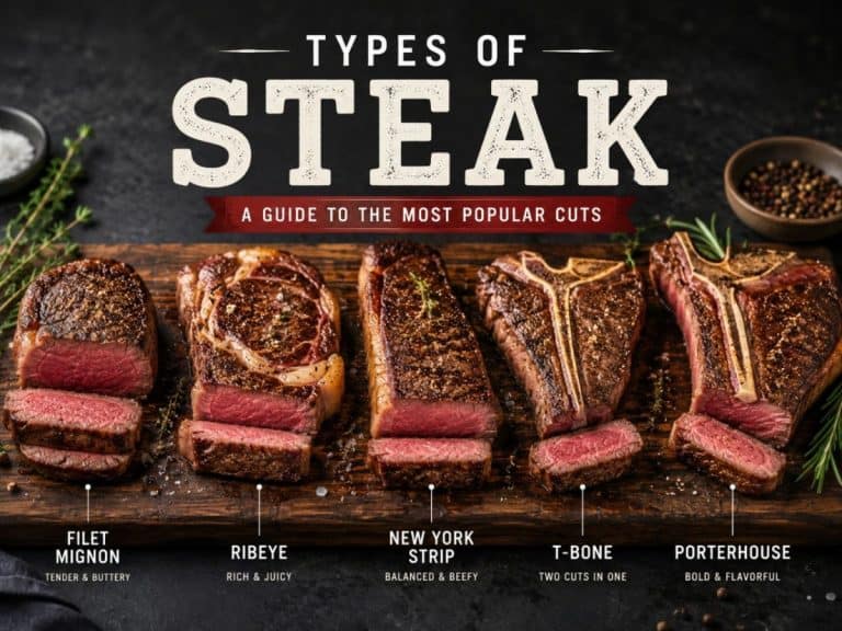 five popular steak cuts displayed. The steaks include filet mignon, ribeye, New York strip, T-bone, and porterhouse