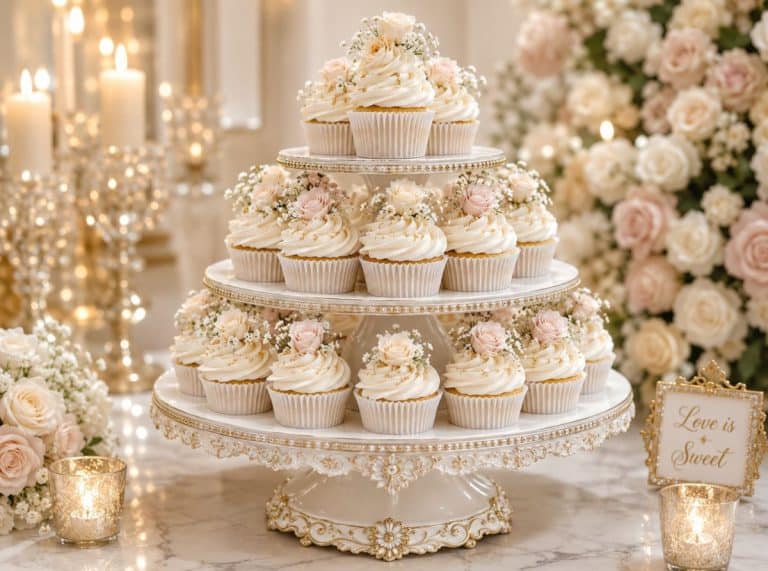 Elegant wedding cupcakes displayed on a luxurious white tiered cake stand with gold detailing, topped with smooth ivory frosting swirls, blush roses, and baby’s breath in a romantic candlelit wedding dessert setting.