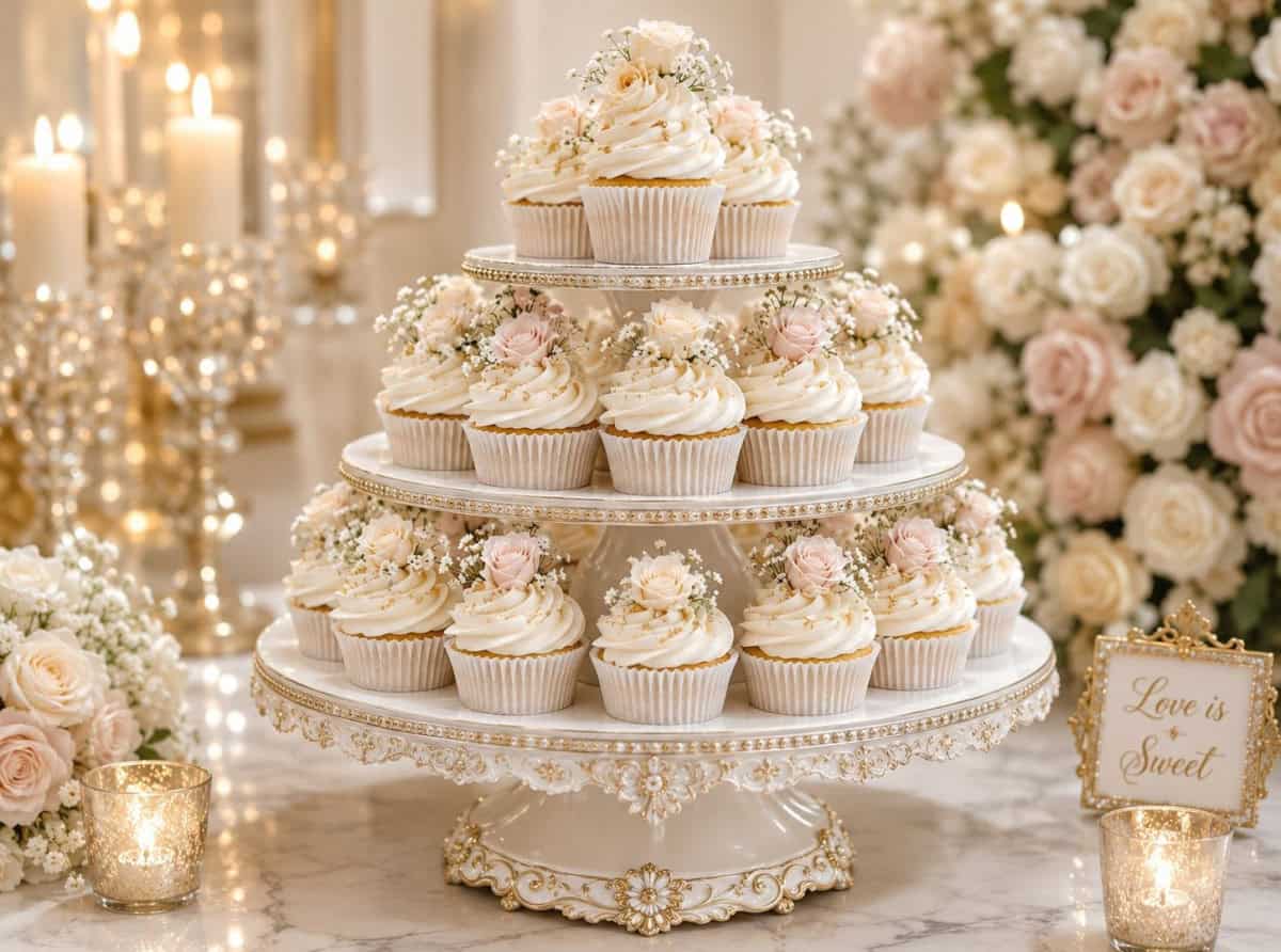 Elegant wedding cupcakes displayed on a luxurious white tiered cake stand with gold detailing, topped with smooth ivory frosting swirls, blush roses, and baby’s breath in a romantic candlelit wedding dessert setting.