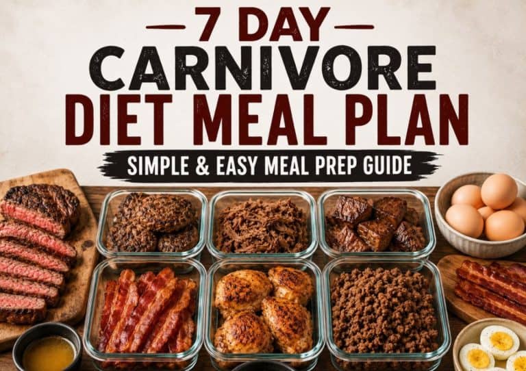 7 day carnivore diet meal plan featuring meal prep containers with steak, burgers, bacon, chicken thighs, eggs, and ground beef