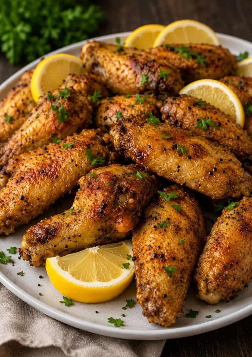 Crispy baked lemon pepper chicken wings piled on a white serving platter, seasoned with cracked black pepper and herbs, garnished with fresh lemon wedges and parsley