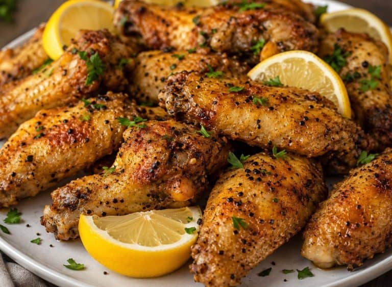 platter of crispy baked lemon pepper chicken wings and drumettes coated in melted butter and seasoning, piled high with fresh lemon wedges and parsley