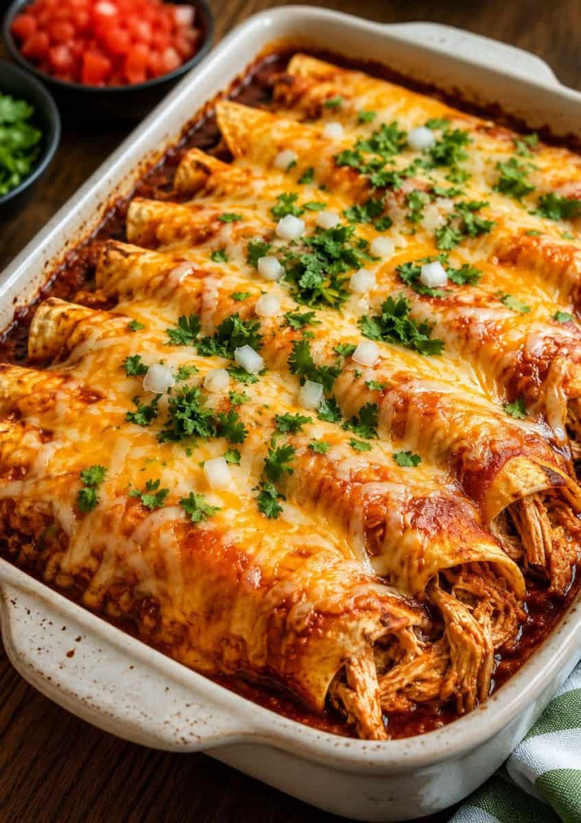 chicken enchiladas in a white baking dish