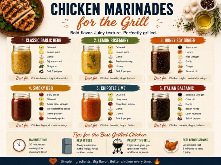 Six mason jars of chicken marinades for the grill, including garlic herb, lemon rosemary, honey soy ginger, smoky BBQ, chipotle lime, and Italian balsamic, next to a plate of grilled chicken.
