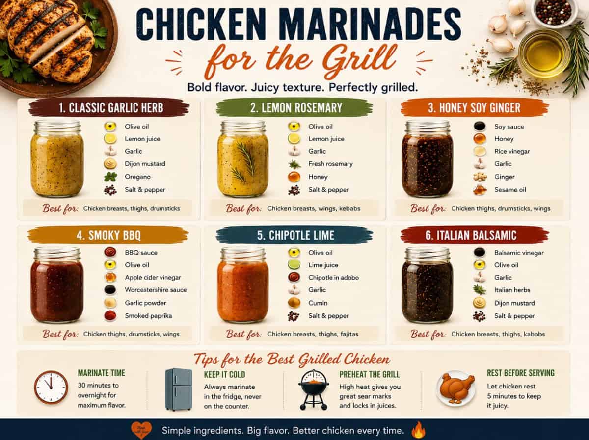 Six mason jars of chicken marinades for the grill, including garlic herb, lemon rosemary, honey soy ginger, smoky BBQ, chipotle lime, and Italian balsamic, next to a plate of grilled chicken.