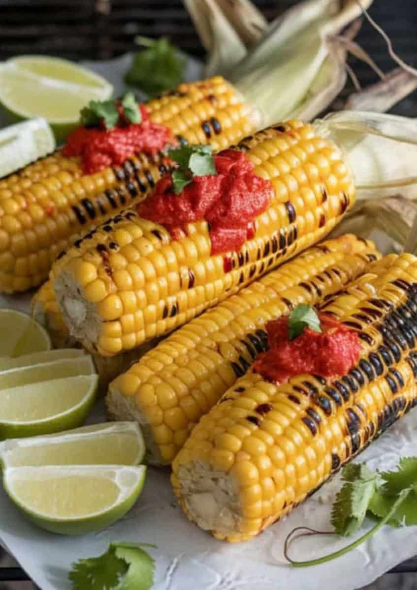 chili corn cob with salsa and lime wedges