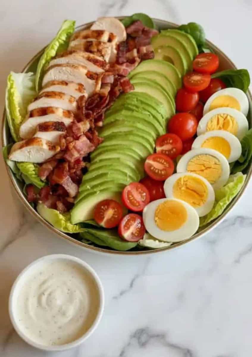 cobb salad chicken avocado tomato bacon egg lettece sauce