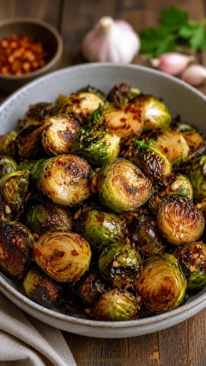 ceramic bowl filled with crispy air fryer Brussels sprouts coated in a glossy honey garlic glaze