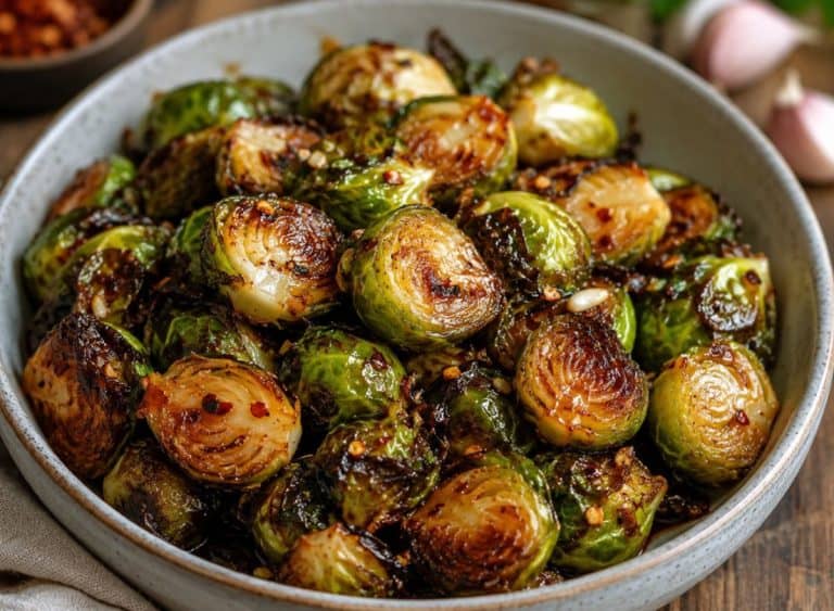 ceramic bowl filled with crispy air fryer Brussels sprouts coated in a glossy honey garlic glaze