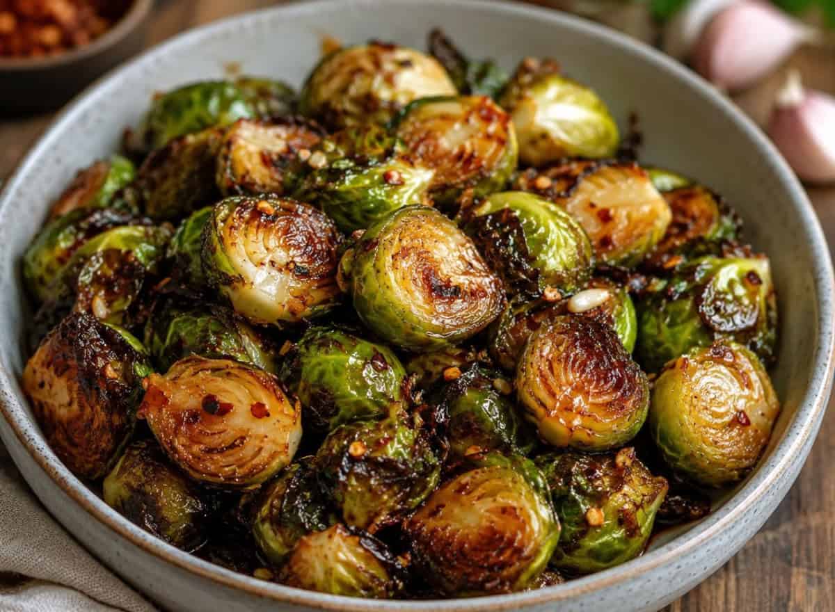 ceramic bowl filled with crispy air fryer Brussels sprouts coated in a glossy honey garlic glaze