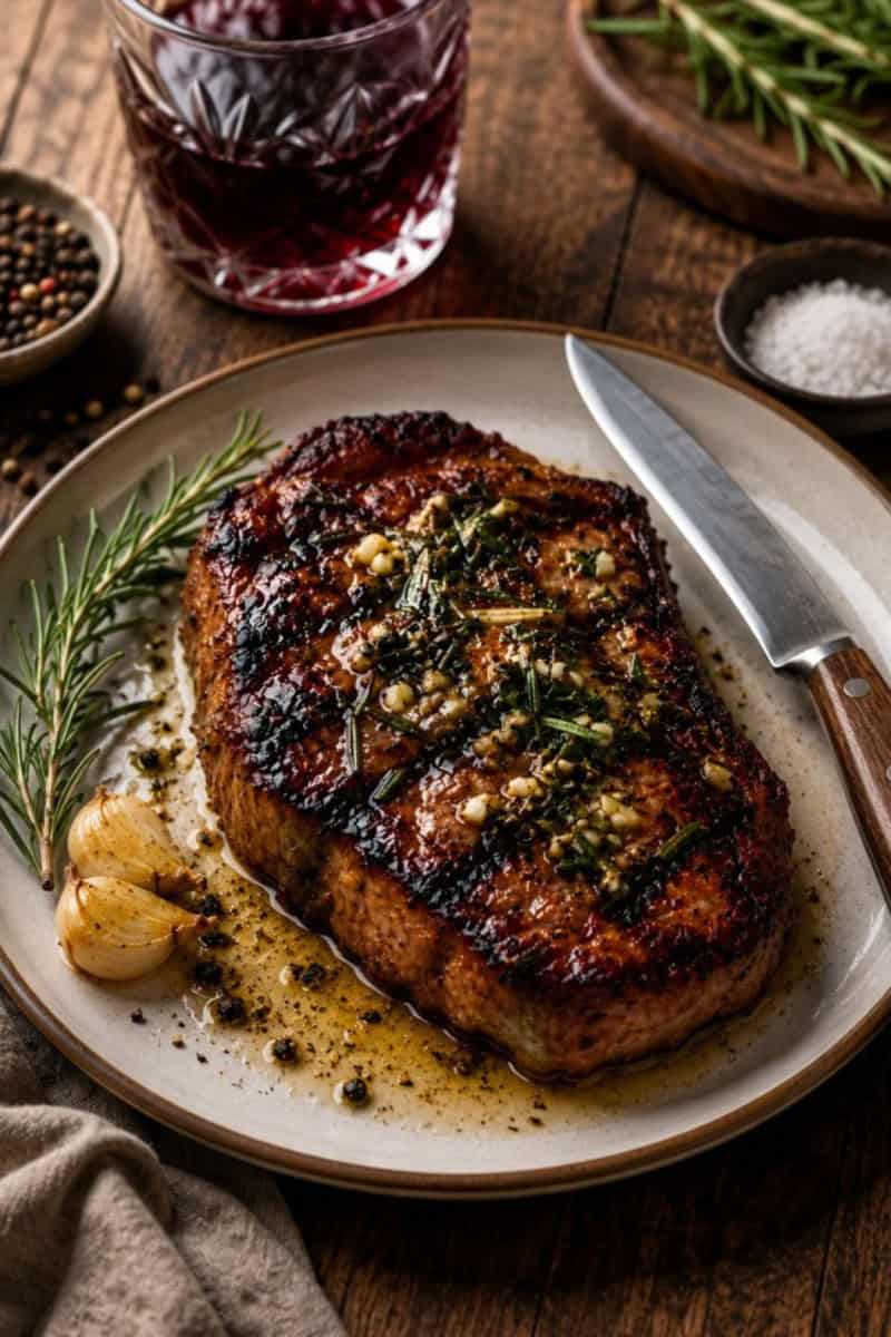 A thick, juicy grilled steak with a beautifully caramelized crust, topped with fresh rosemary, minced garlic, and a glossy garlic-herb butter sauce, served on a simple white plate.