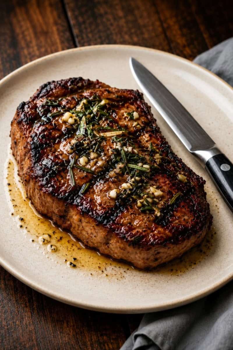 A thick, juicy grilled steak with a beautifully caramelized crust, topped with fresh rosemary, minced garlic, and a glossy garlic-herb butter sauce, served on a simple white plate.