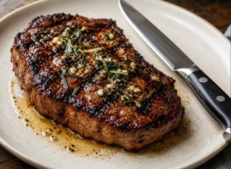A thick, juicy grilled steak with a beautifully caramelized crust, topped with fresh rosemary, minced garlic, and a glossy garlic-herb butter sauce, served on a simple white plate.