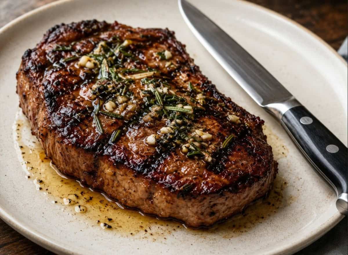 A thick, juicy grilled steak with a beautifully caramelized crust, topped with fresh rosemary, minced garlic, and a glossy garlic-herb butter sauce, served on a simple white plate.