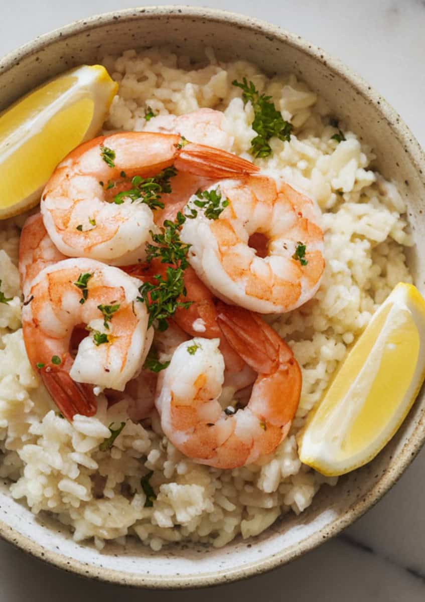 garlic butter shrimp and rice with lemon wedges