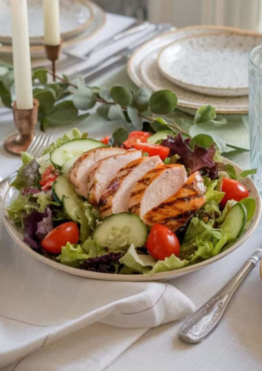 grilled chicken served on a fresh salad