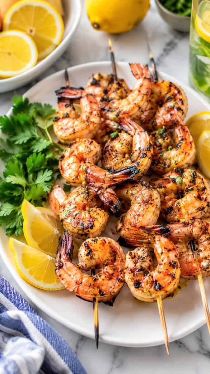 plate of grilled shrimp skewers served with lemon wedge and corriander leaves