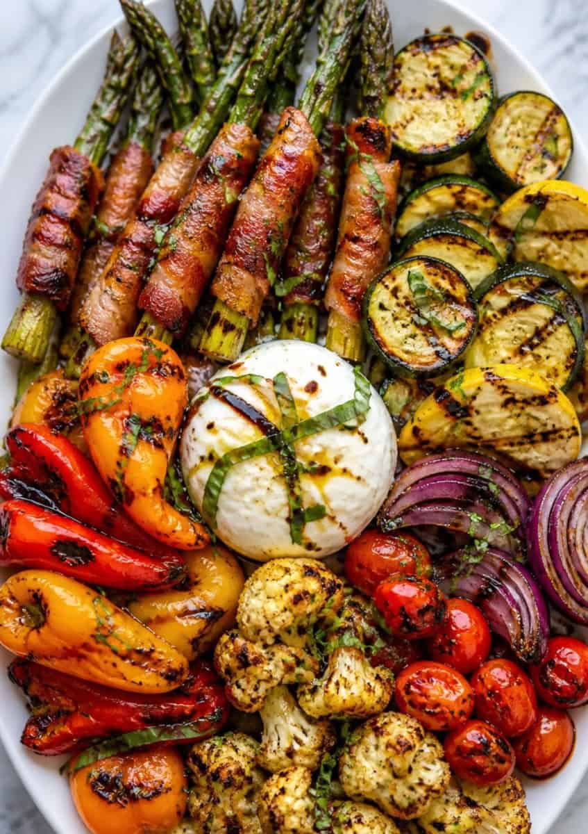 grilled vegetable platter with a variety of vegetables bacon and cheese