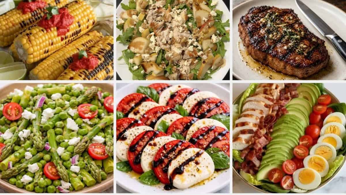 collection of healthy summer dinner recipes salads vegetables chicken steak