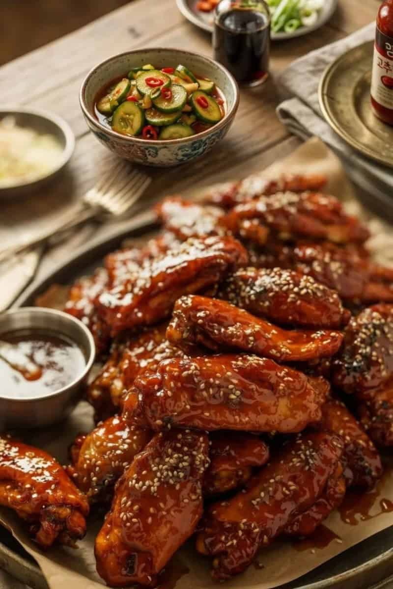 Crispy honey garlic chicken wings coated in a sticky caramelized glaze, topped with sesame seeds and spring onions, served on a rustic platter.
