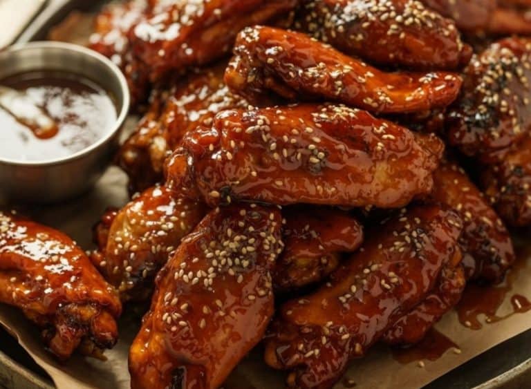 Crispy honey garlic chicken wings coated in a sticky caramelized glaze, topped with sesame seeds and spring onions, served on a rustic platter.
