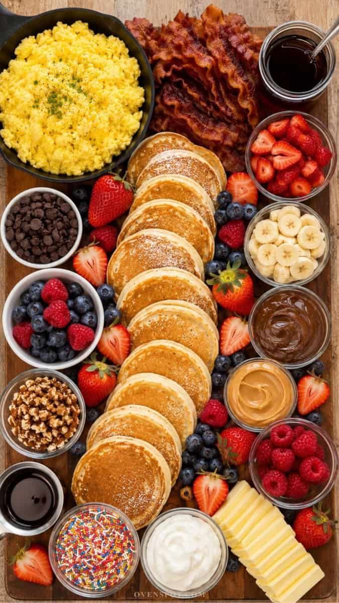 pancake breakfast board features fluffy golden pancakes, scrambled eggs in a cast iron skillet, crispy bacon, fresh strawberries, blueberries, raspberries, banana slices, maple syrup, chocolate spread, peanut butter, chopped nuts, colorful sprinkles, whipped cream, and chocolate chips