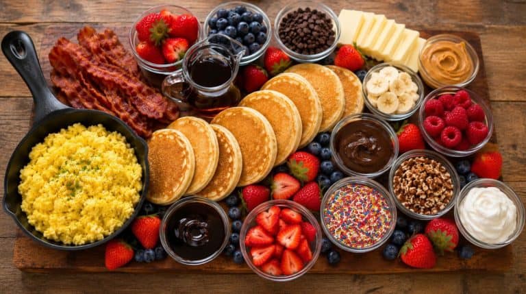 pancake breakfast board features fluffy golden pancakes, scrambled eggs in a cast iron skillet, crispy bacon, fresh strawberries, blueberries, raspberries, banana slices, maple syrup, chocolate spread, peanut butter, chopped nuts, colorful sprinkles, whipped cream, and chocolate chips