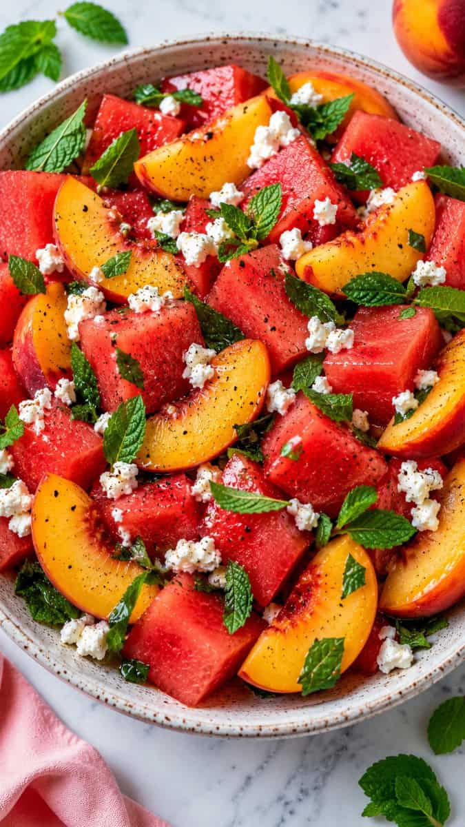 Fresh peach watermelon salad served in a large speckled ceramic bowl on a light marble surface. Juicy watermelon cubes and ripe peach wedges are tossed with crumbled feta, chopped mint, and cracked black pepper