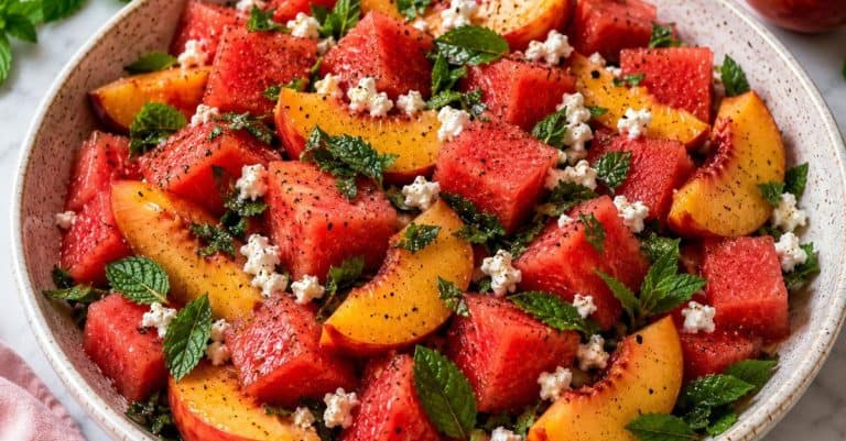Fresh peach watermelon salad served in a large speckled ceramic bowl on a light marble surface. Juicy watermelon cubes and ripe peach wedges are tossed with crumbled feta, chopped mint, and cracked black pepper
