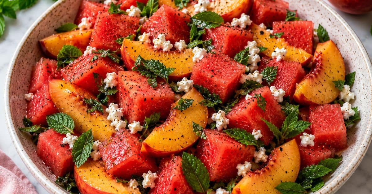 Fresh peach watermelon salad served in a large speckled ceramic bowl on a light marble surface. Juicy watermelon cubes and ripe peach wedges are tossed with crumbled feta, chopped mint, and cracked black pepper