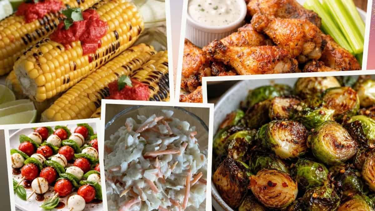 selection of sides to serve with chicken wings - corn cob - brussels sprouts - coleslaw - tomato salad