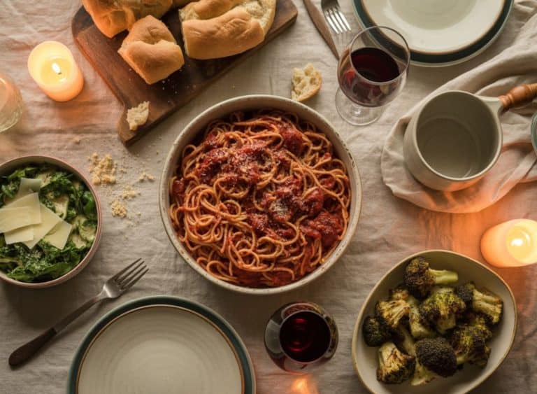 bowl of pasta garlic bread green salad and steamed broccoli