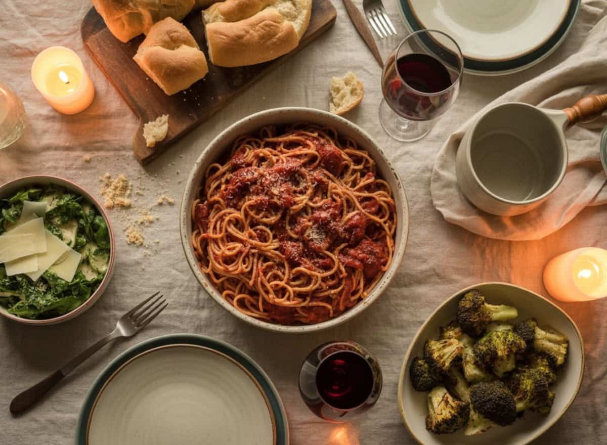 bowl of pasta garlic bread green salad and steamed broccoli
