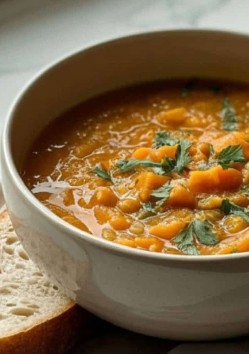 bowl of sweet potato and lentil soup served with white bread