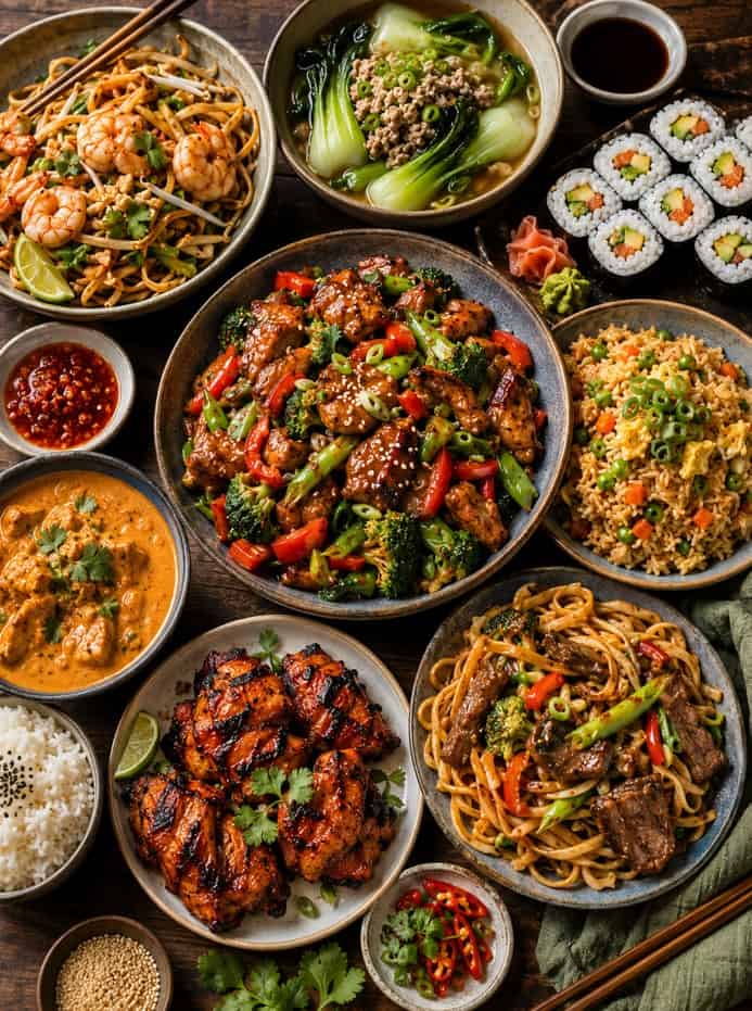 assortment of Asian dinner recipes, including shrimp pad thai, garlic chicken stir-fry, butter chicken curry, grilled chicken, bok choy soup, beef noodle stir-fry, vegetable fried rice, sushi rolls, steamed rice, dipping sauces, and fresh garnishes