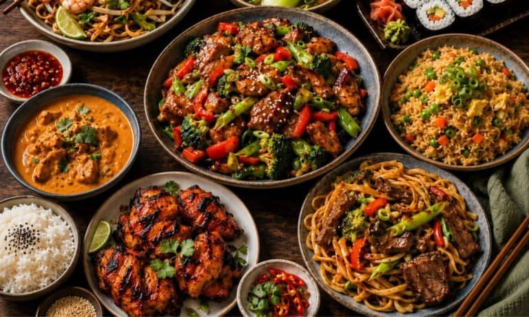 assortment of Asian dinner recipes, including shrimp pad thai, garlic chicken stir-fry, butter chicken curry, grilled chicken, bok choy soup, beef noodle stir-fry, vegetable fried rice, sushi rolls, steamed rice, dipping sauces, and fresh garnishes