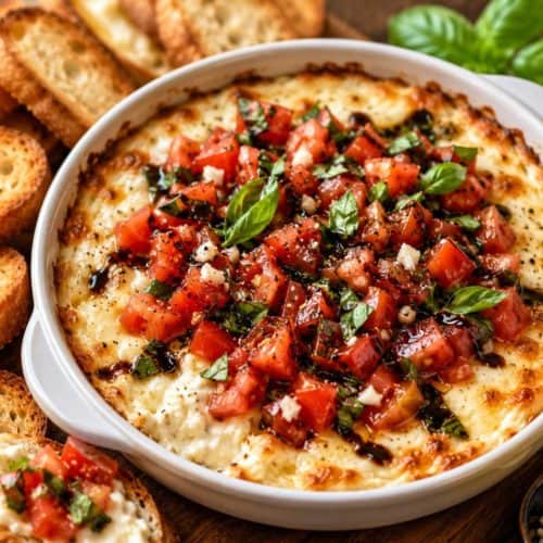Baked bruschetta dip with a creamy cheese base topped with fresh Roma tomatoes, basil, garlic, mozzarella, Parmesan, and balsamic glaze, served with toasted baguette slices.